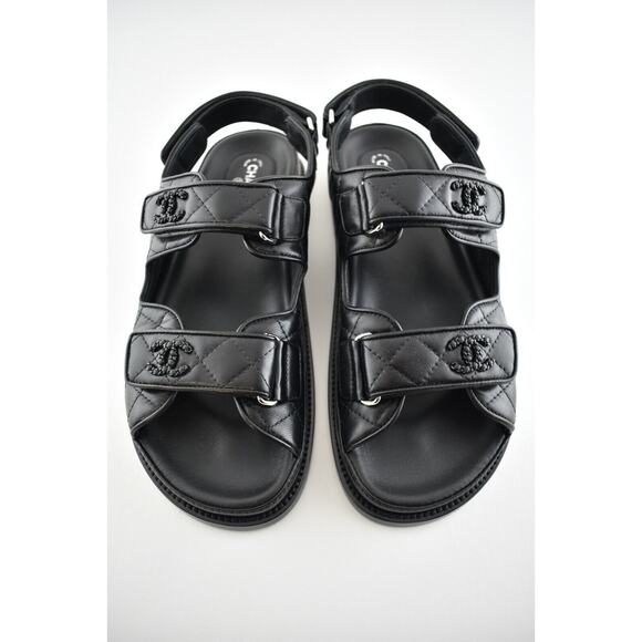 Chanel Black Leather Quilted Chain CC Logo Mule Slide Strap Flat Dad Sandal 40 - Picture 7 of 12